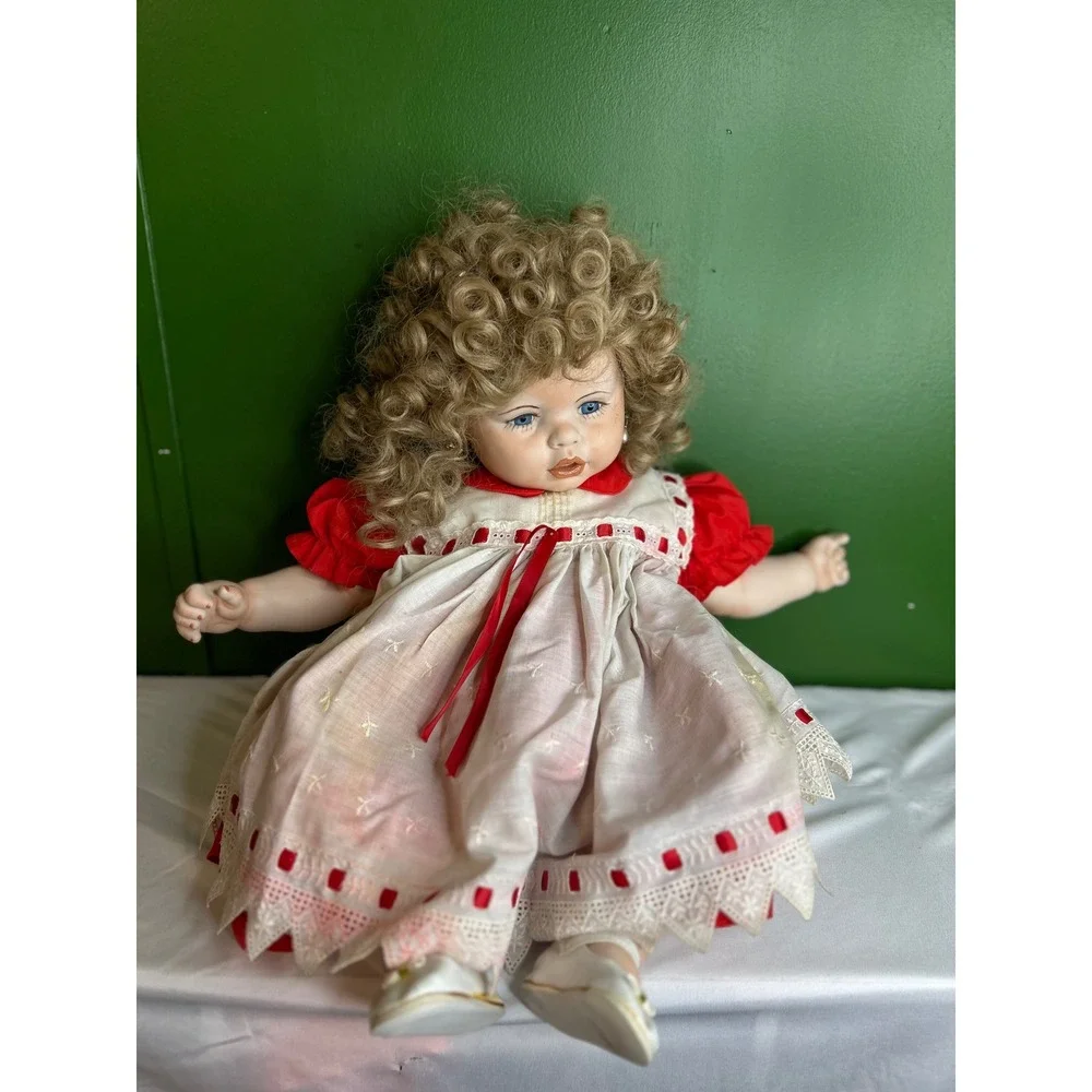 Vintage Porcelain Collector Doll Blonde Curly Hair Red White Lace Dress BlueEyes